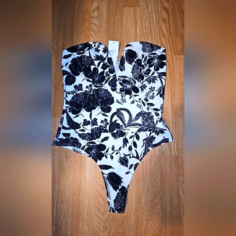 White with black flowers bodysuit